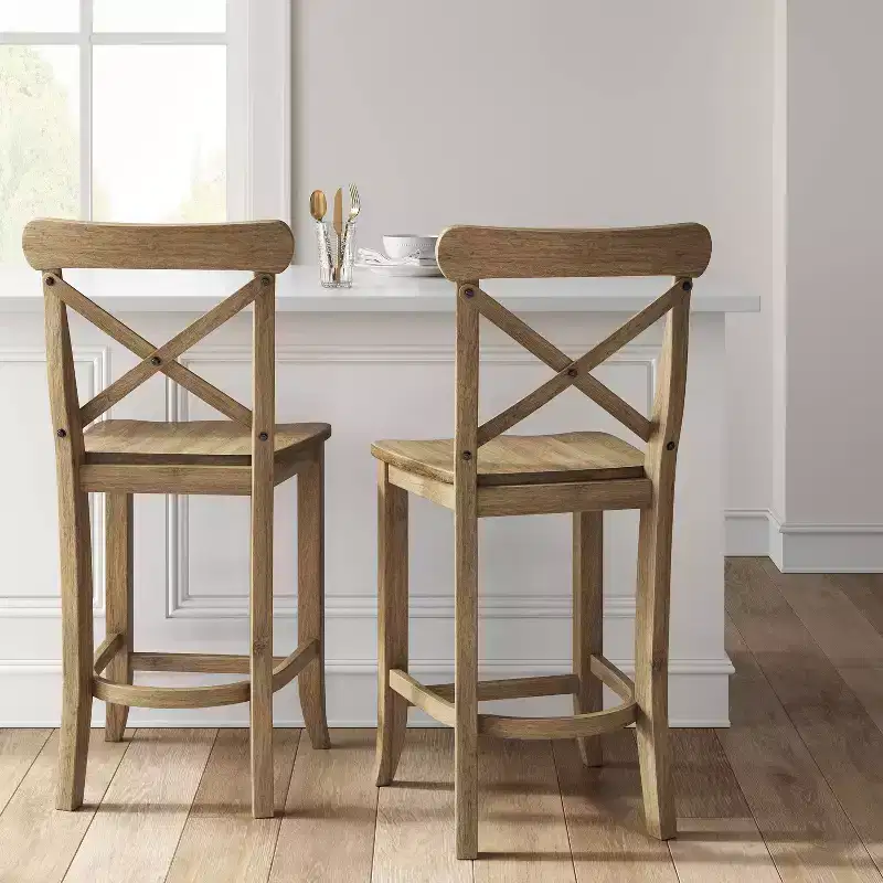 Natural Wood X-Back Counter Stool with Footrest, 24
