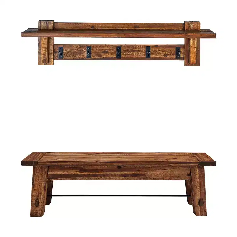 Durango Industrial Wood Coat Hook Shelf and Bench Set Dark Brown - Alaterre: Rustic Hall Tree, Mudroom Storage
