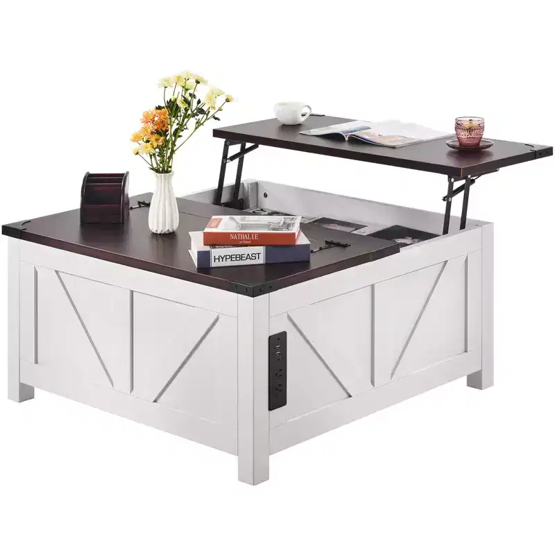 VEVOR 36 Farmhouse Coffee Table, Hinged Lift Top Square Coffee Table with Built-in Power Strip, Wooden Rustic Cocktail Table, Brown & White