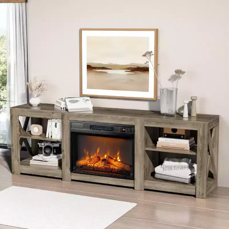 Farmhouse 70'' TV Stand For Tvs Up To 70'' With 23'' Electric Fireplace and Adjustable Shelves