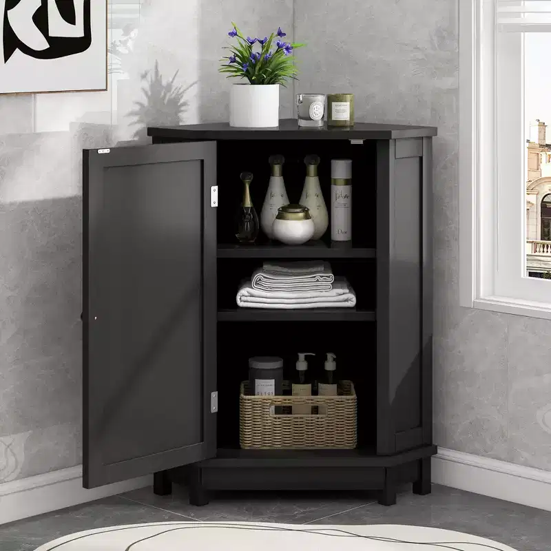 Modern Wood Triangle Freestanding Corner Bathroom Storage Cabinet with Adjustable Shelf