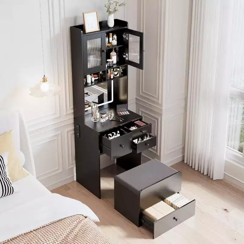 Acekool Compact Vanity Desk with Mirror, Adjustable Lighting, Storage Drawer & Charging Station, Makeup Table Set for Bedroom