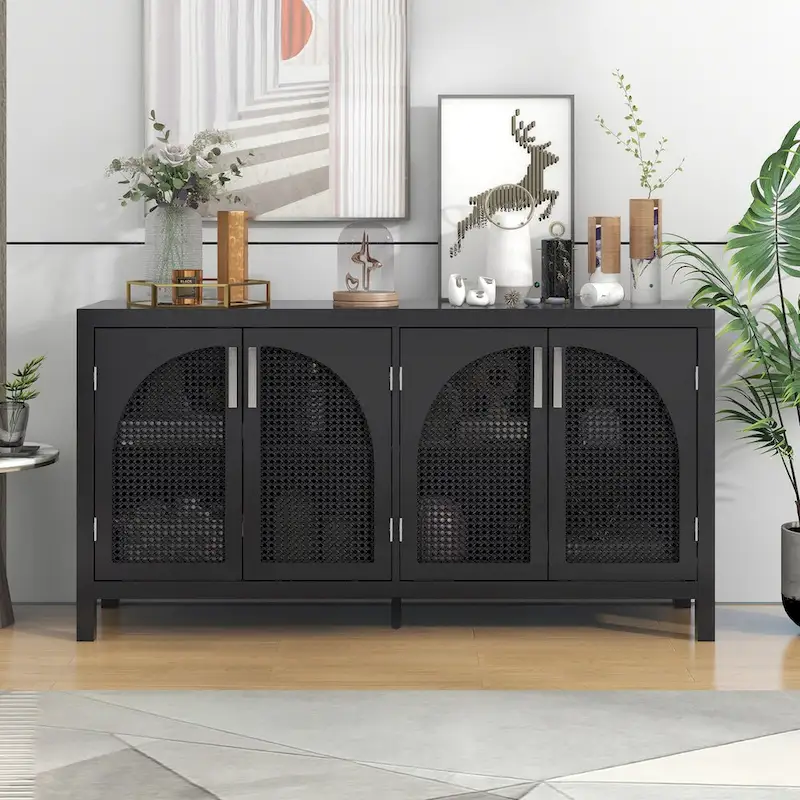 White/Gray/Black Boho 4-Door Sideboard with Rattan Panels, 60