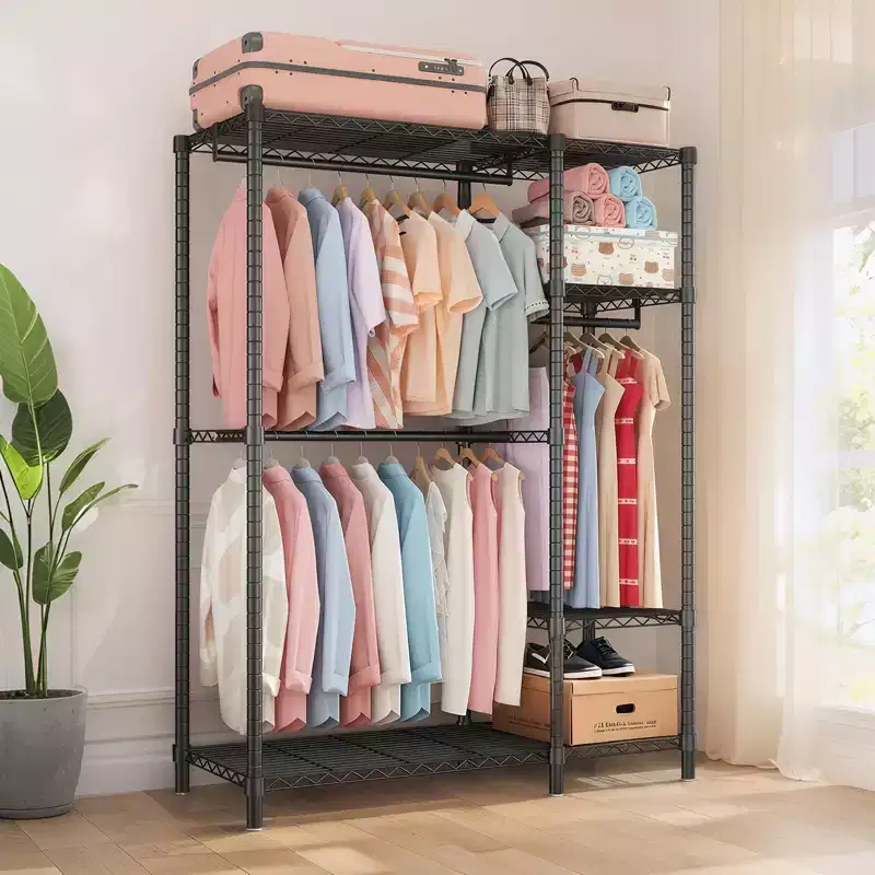 Heavy Duty Metal Garment Rack – Black, 6 Shelves 3 Rods