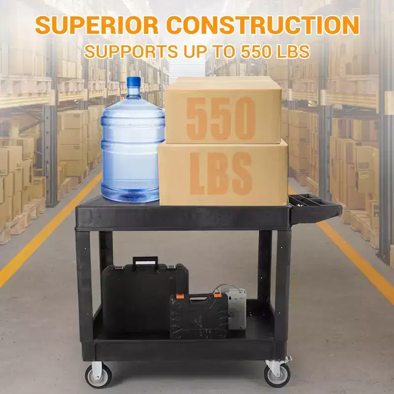 Service Cart - Large Heavy-Duty Plastic Flat Top (45.8 x 25 Inch), 2-Tier with 360 Swivel Wheels (2 with Brakes), 550 lbs Capacity, Black