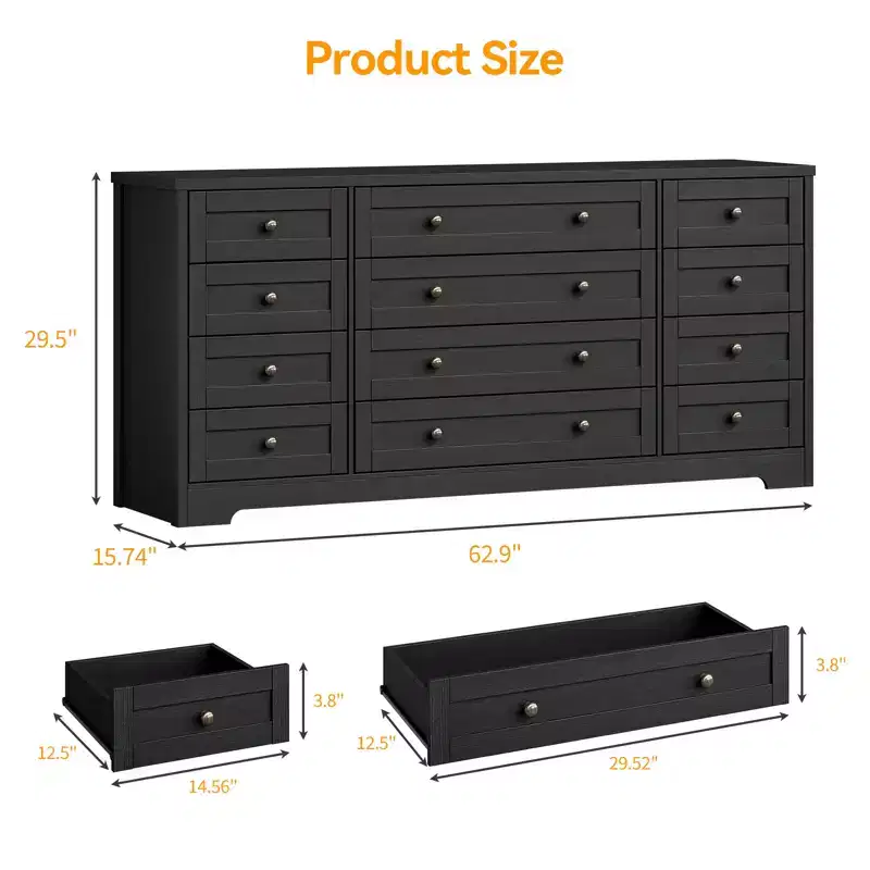 Durable Wood Dressers with 12 Drawers, Modern Chest of Drawers for Bedroom, Living Room, or Hallway, 63 W TV Stand Fits Up to 65 TV