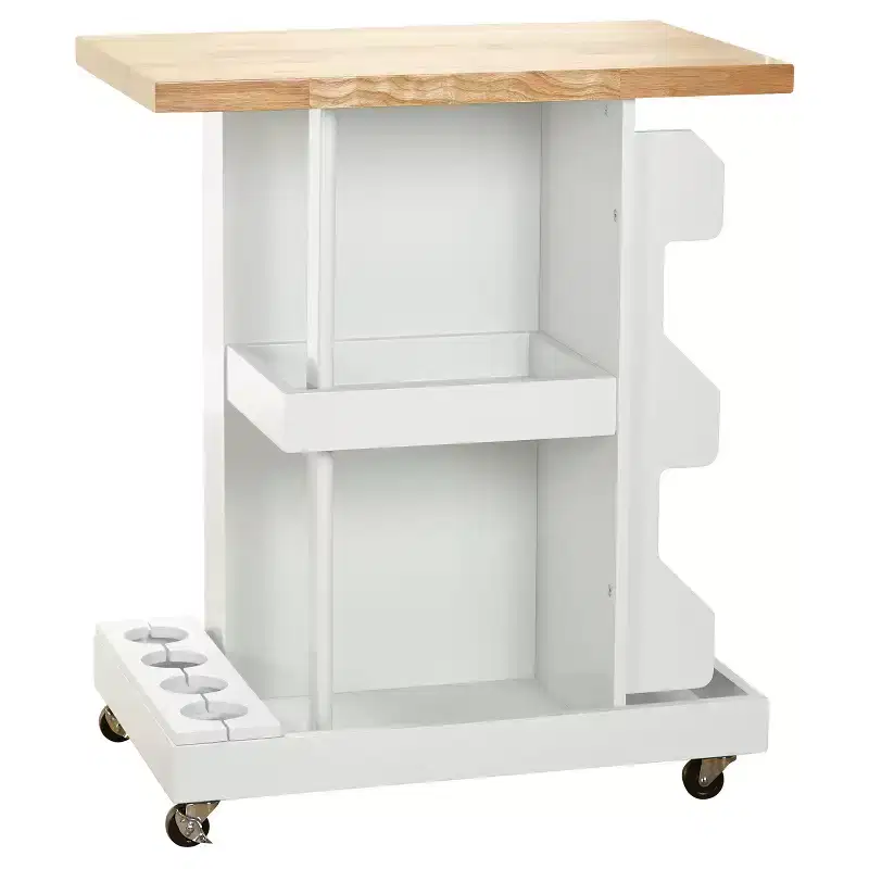 Buylateral Hampton Kitchen Cart White: Rubberwood Top, Modern Design, Space Saver, Stemware Rack