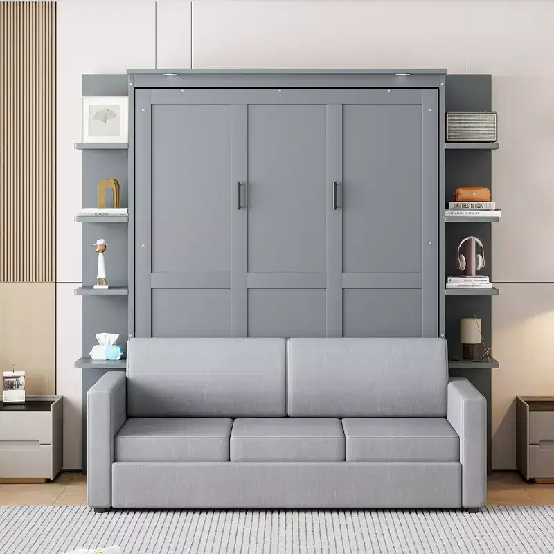 Whisen Modern Design Wood Frame Queen Size Murphy Bed Wall Bed with Sofa and Shelves