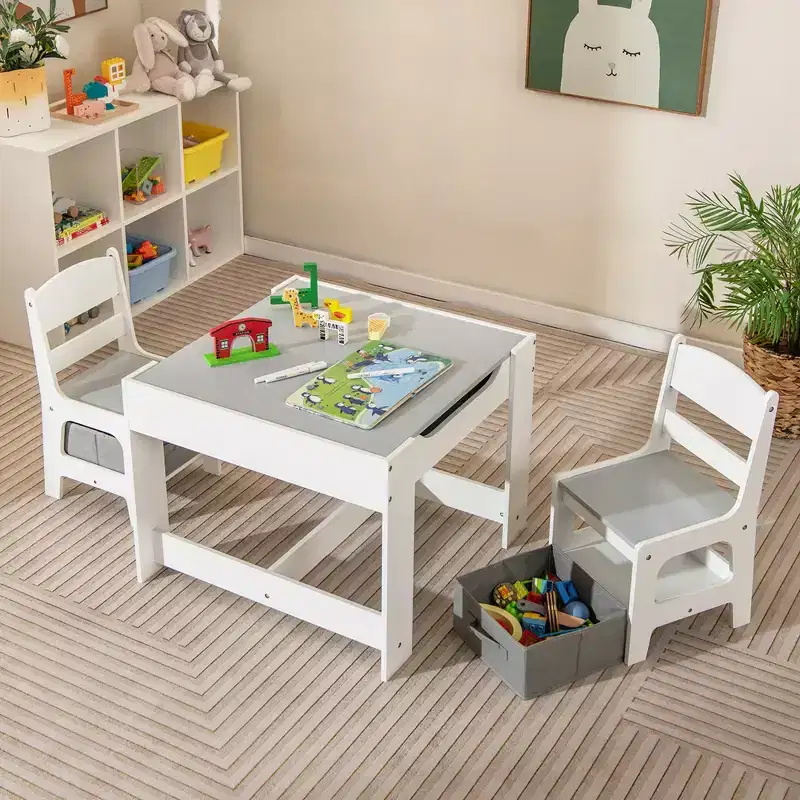 Costway Kids Table Chairs Set With Storage Boxes Blackboard Whiteboard Drawing GreyNature