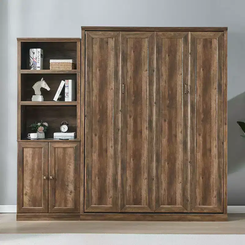 Queen Size Murphy Bed Wall Bed with Side Cabinet, Space-Saving Bed Perfect for Guest Room, Bed Room, Home Office, Rustic White/Brown -ModernLuxe