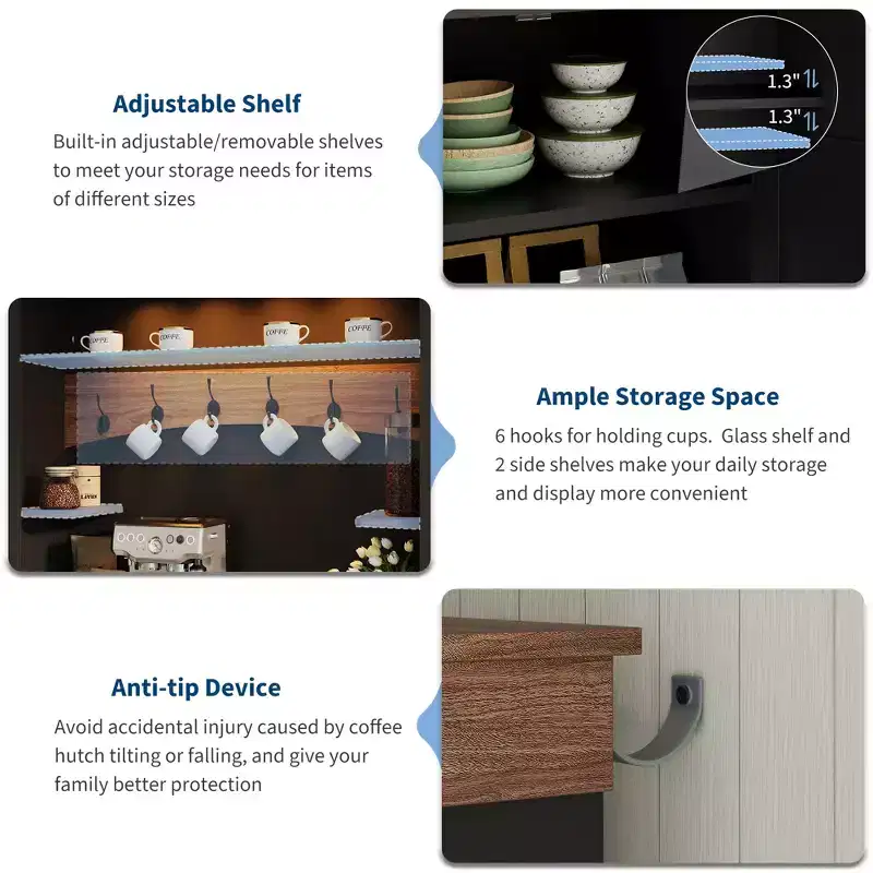 Farmhouse Coffee Bar Cabinet with LED Lights  72 Tall, Adjustable Shelves, Doors & Drawer, Glass Shelf, Ample Storage Sideboard Buffet