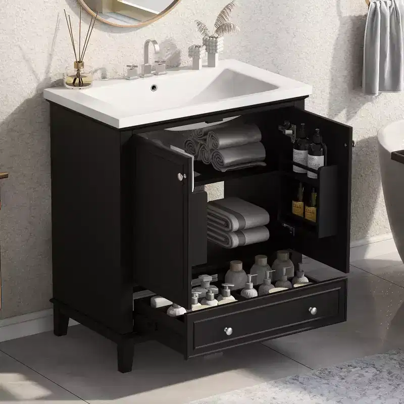 30 Bathroom Vanity with Sink Combo, Multi-functional Bathroom Cabinet with Doors and Drawer Black