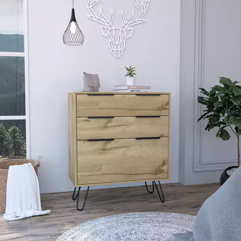 Okak 3/4-Drawer Dresser Compact Storage for Clothing, Sturdy Steel Legs and Durable Top Surface, for Living Room/Bedroom/Office, Light Oak