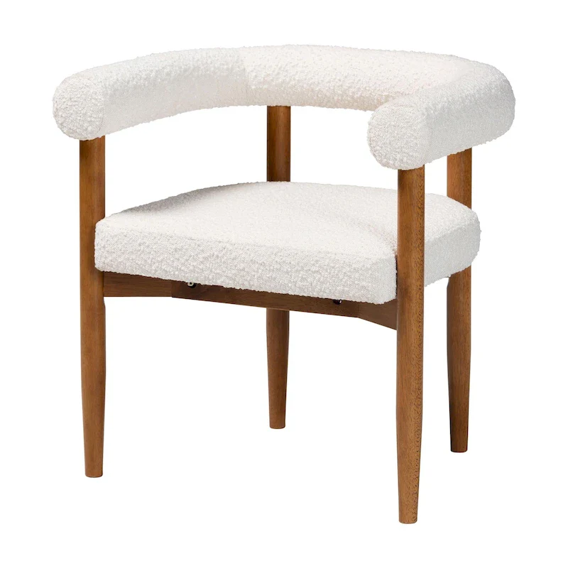 Japandi Boucle Fabric Dining Armchair | Tuxedo Silhouette | Rubberwood Legs | 28.9