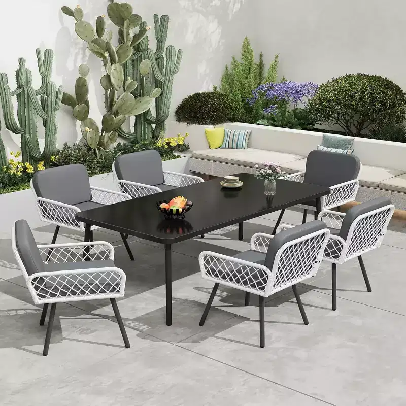 GustoWave 7-Piece Outdoor Dining Set, 59-inch Dining Table and 6 Rattan Chairs, Perfect for Gardens, Backyards, and Poolside Patios, Black and White