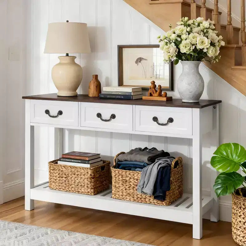 VEVOR 47 in Console Table, Farmhouse Desk Behind the Couch with Drawers and Bottom Storage Shelf, Wooden Rectangle Narrow Sofa Table, Brown & White