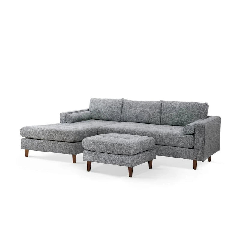Ryle 104 Inch Sectional Sofa with Chaise and Ottoman, 2 Pillows, Gray Woven
