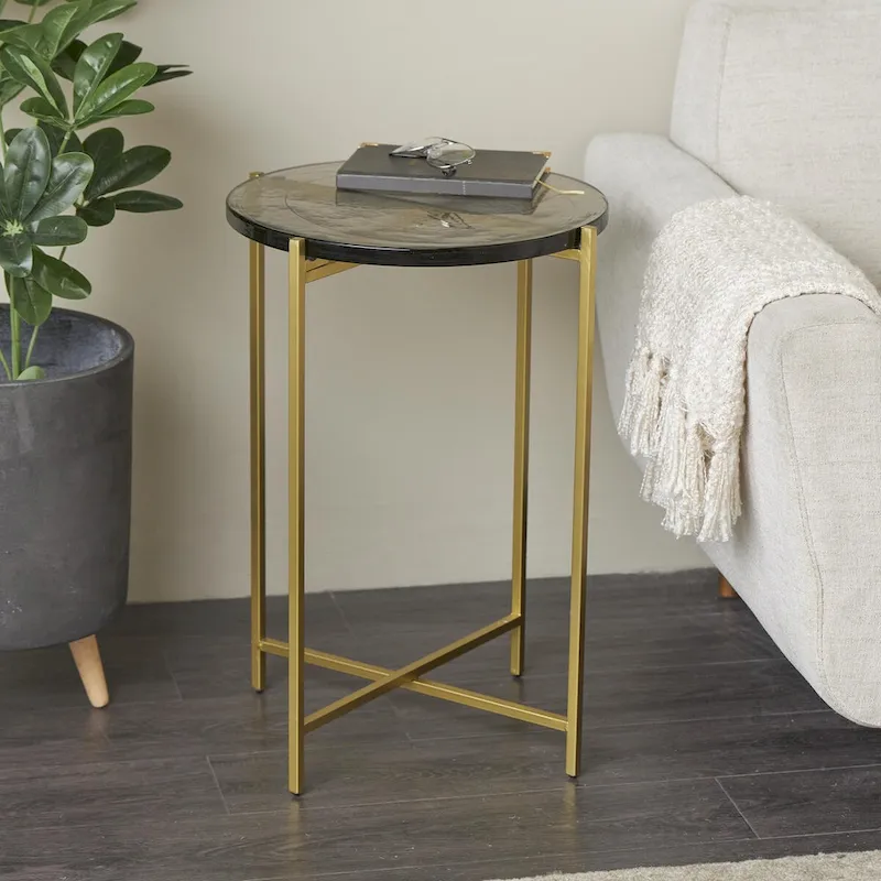 Metal X-Shaped Side End Accent Table with Textured Glass Tabletop - Gold or Black