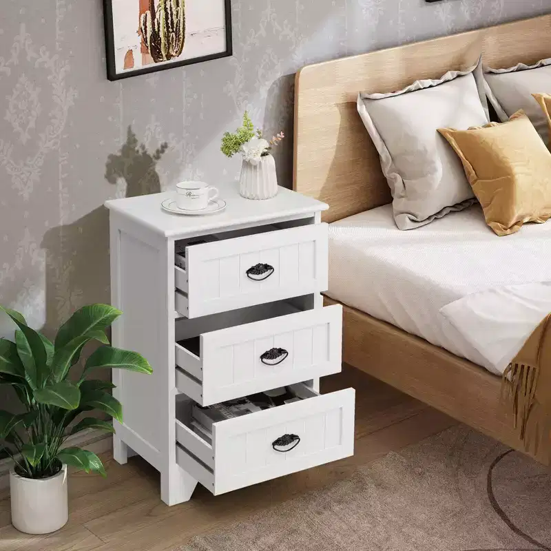 Set of 2 Nightstands with 3 Drawers, Wood Bedside End Table, White