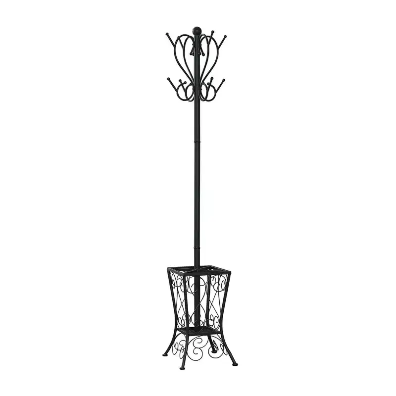 Metal Coat Rack 8 Hooks 2-Tier with Umbrella Holder 71''H
