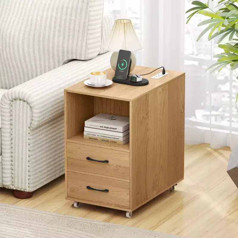 End Table w/Built-in Charging Station USB Ports & Outlets 2 Drawers & 3 Shelves Natural