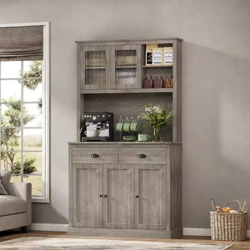 71 Tall Grey Kitchen Pantry Cabinet with Microwave Stand  Freestanding Storage with Glass Doors, Adjustable Shelves & Coffee Bar for Dining Room