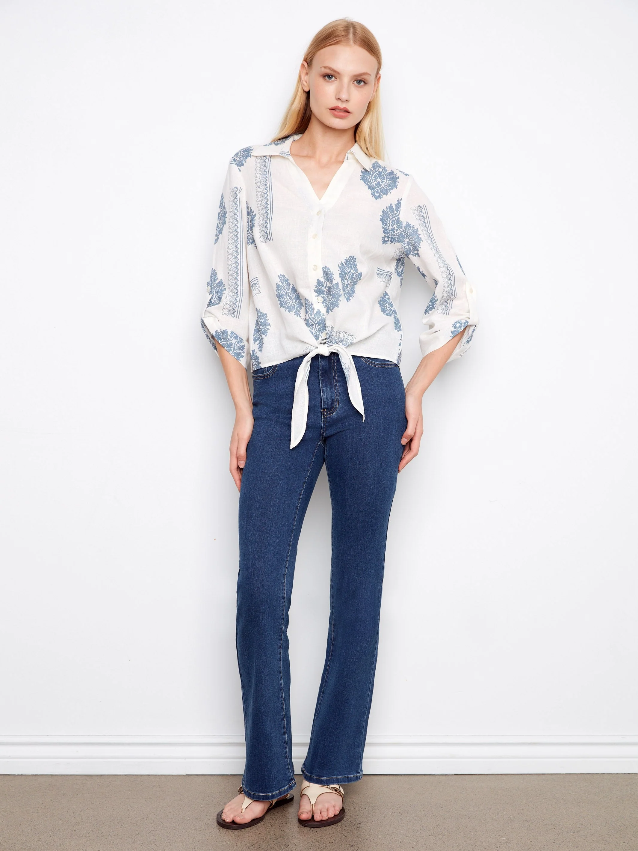Printed Linen Blend Button-Up Blouse - Blue