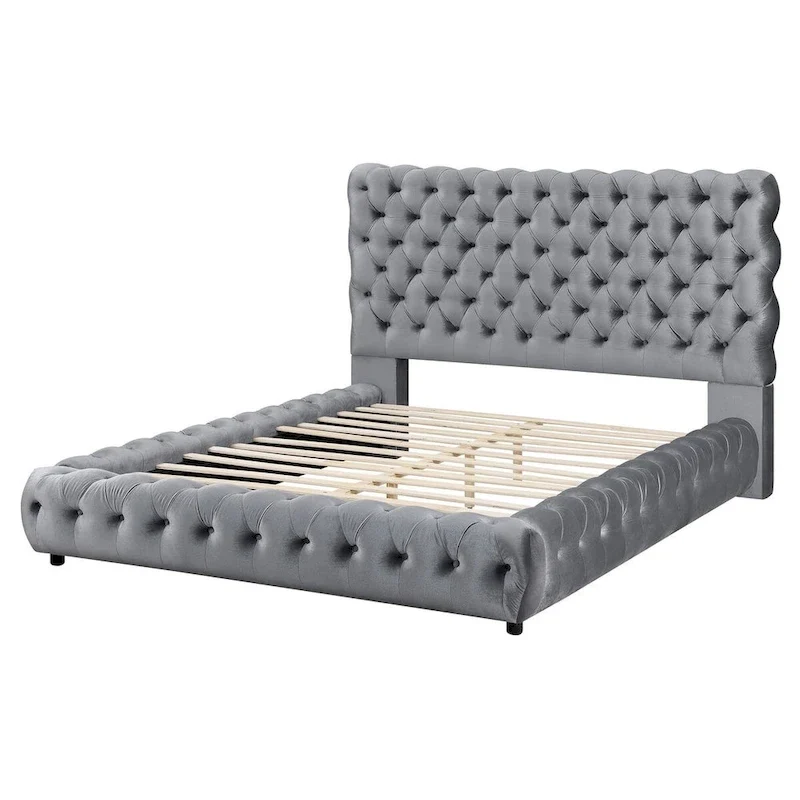James King Size Bed, Platform Style, Button Tufted Gray Velvet Upholstery