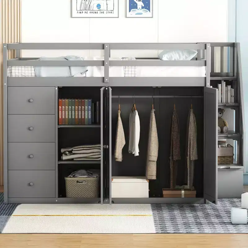 Whisen 93.3''L  57.6''W Modern Design Full Size Wood Loft Bed With Built-in Wardrobes, Cabinets and Drawers