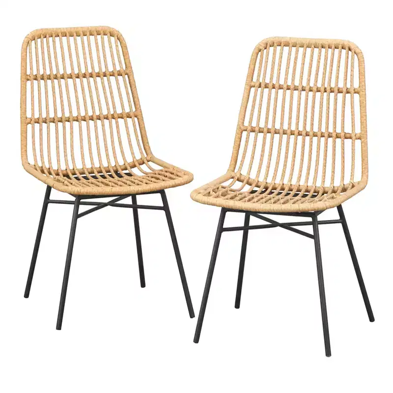 Lifestorey Set of 2 Greenville Faux Rattan Dining Chairs Natural: Mid-Century Modern, Rattan & Metal Frame, 250lb Capacity