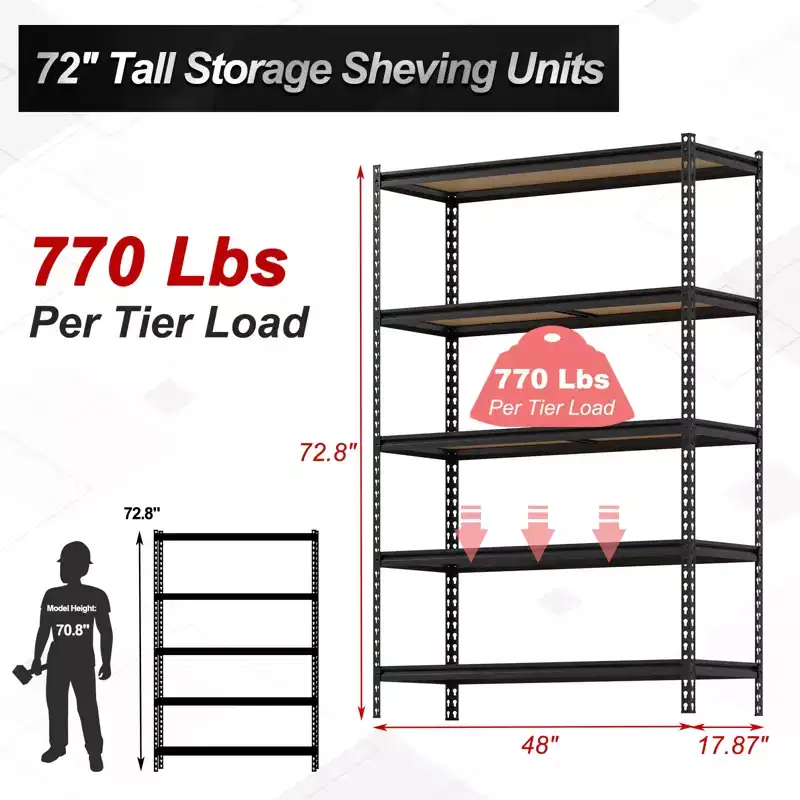 5 Tier Garage Storage Shelves, Heavy Duty Utility Shelves Metal Shelving Unit, Adjustable Storage Shelves Utility Rack for Garage Kitchen Basement