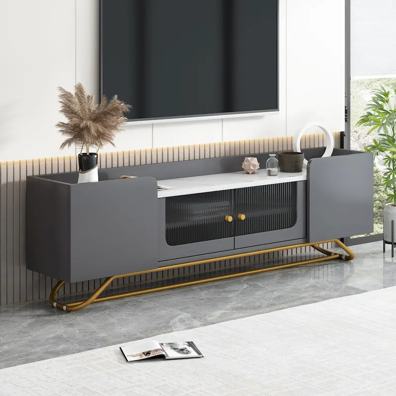 TV Stand with Fluted Glass, Entertainment Center for TVs Up to 70, Faux Marble Top TV Console Table with Gold Frame Base