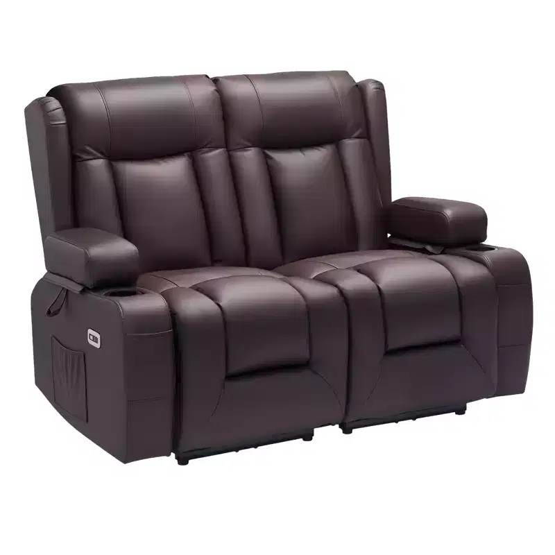 VEVOR Loveseat Recliner Sofa, Power Reclining Couch with Heating&Massage and Timer,PU Leather Electric Recliner Sofa with USB Ports,Cup Holders,Brown