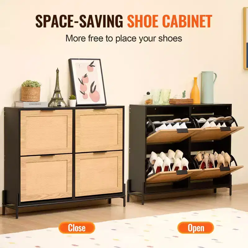 Rattan Shoe Cabinet with 4 Flip Drawers, Slim Entryway Storage, Black