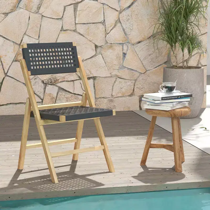 Costway 2/4 Piece Patio Folding Chairs with Woven Rope Seat & High Back Indonesia Teak Wood for Porch Natural&Black