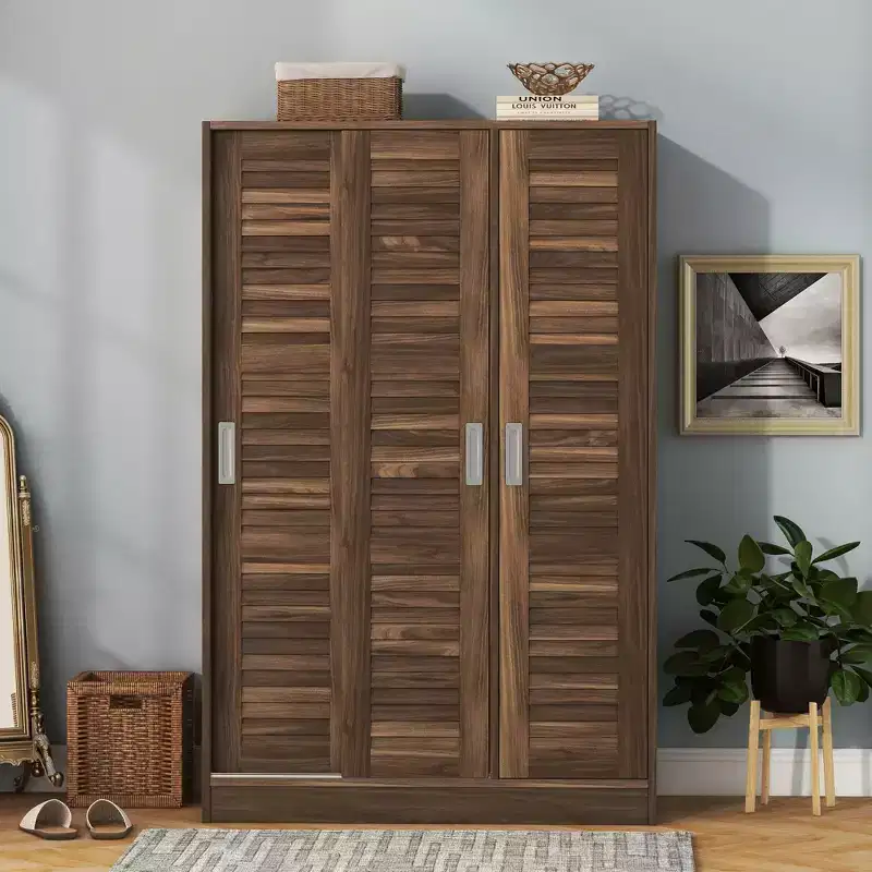 Wood 3-Door Shutter Wardrobe Armoire with Hanging Rail and Storage Shelves