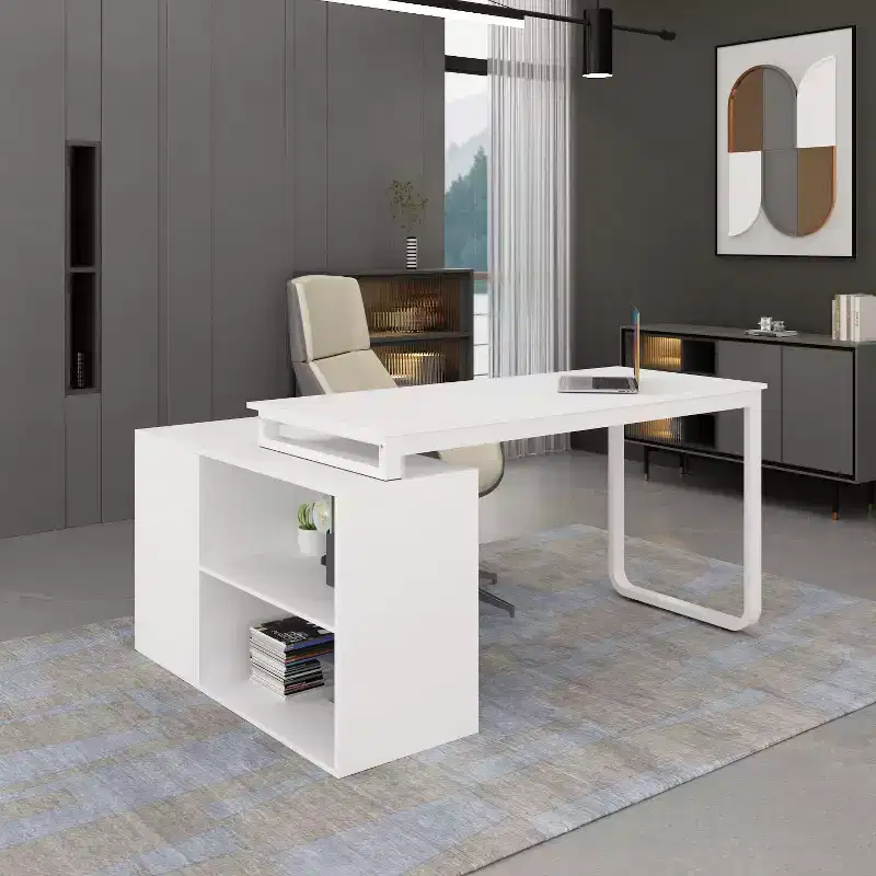 Famapy White Rotatable L-Shaped Computer Desk With Storage Drawers and Shelves