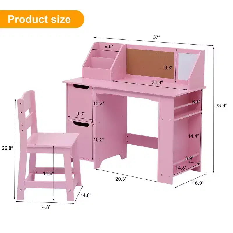 Study Desk and Chair, Learning Desk for Kids - Features Bookshelf, Bulletin Board, Cabinets - Perfect for Children Ages 3-8