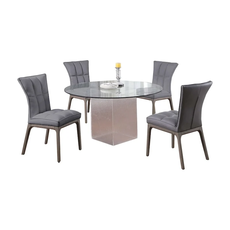 Somette 5-Piece Dining Set with Round Glass Table, Acrylic Base & 4 Tufted Side Chairs