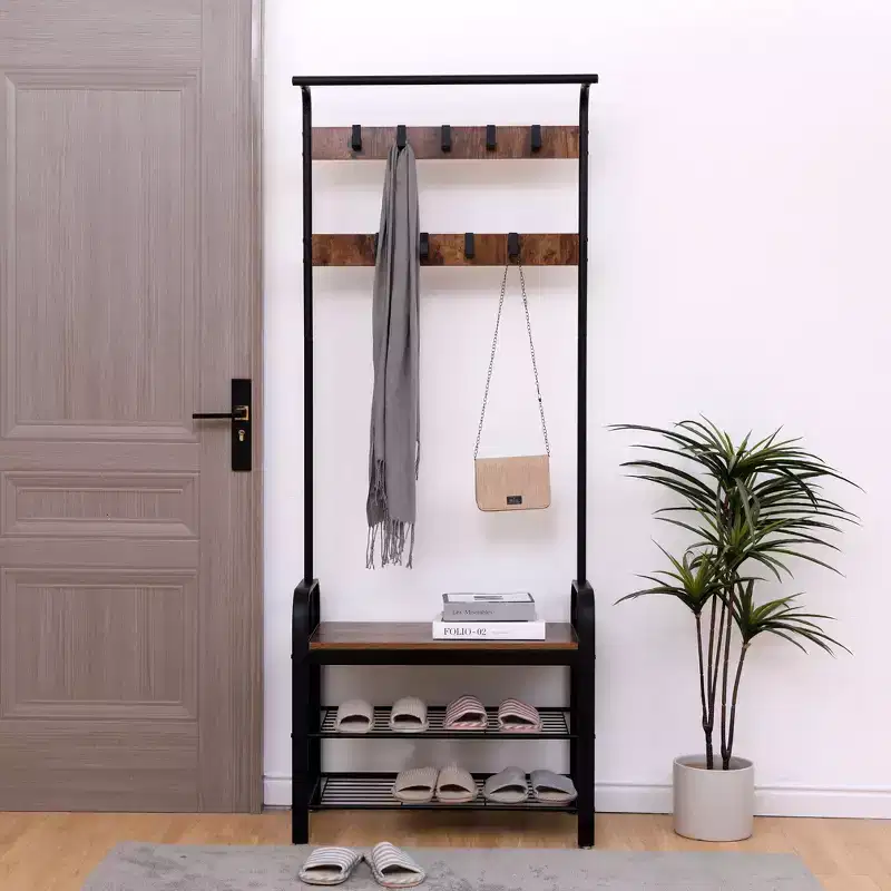 Okak 72.8IN Industrail Coat Rack with Shoe Bench and 9 Removable Hooks, Hall Tree with Hanging Rod, Coat Stand for Living Room, Hallway, Brown