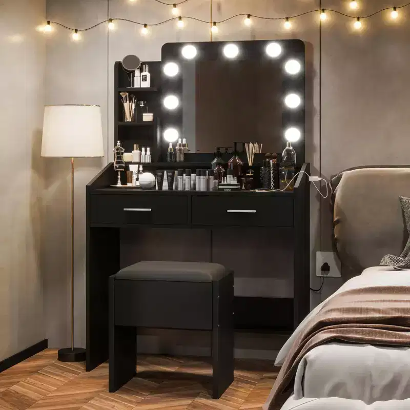 Vanity Desk with Power Outlet, Makeup Vanity with Large Mirror and LED Lights, 7 Drawers & Cushioned Stool