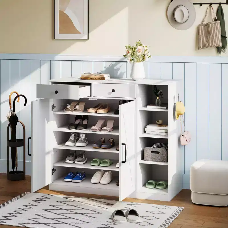 Shoe Storage Cabinet, Modern Farmhouse Shoe Rack Organizer with 6 Adjustable Shelves & 2 Drawers, Freestanding Entryway Cabinet for Mudroom, White