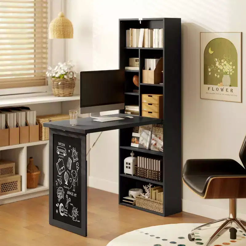 Fold-out Convertible Writing Table, Wall Mount Desk Cabinet with Blackboard and Side Shelf