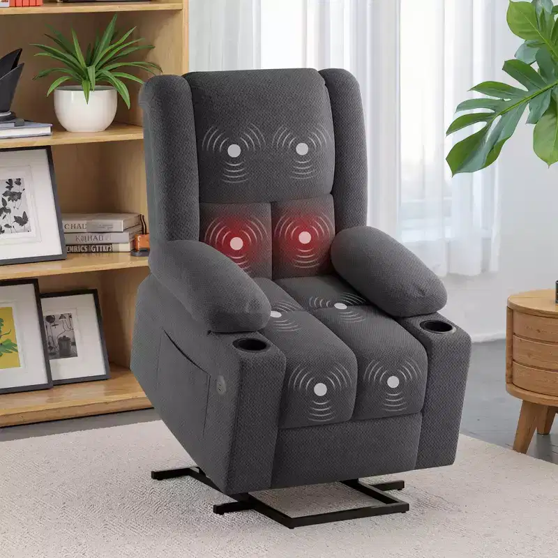 Gray Power Lift Recliner Chair With Massage Heat USB Ports Cup Holders for Senior Comfort