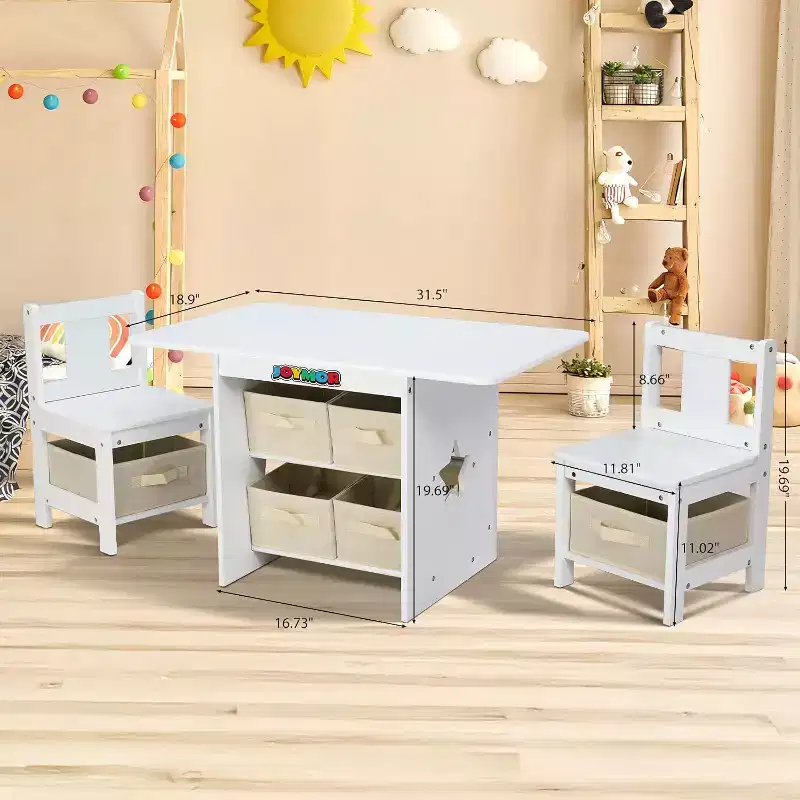 JOYMOR Kids Table and Chairs Set with 6 Drawers, Solid Wood Toddler Activity Desk for Arts & Study, Ages 3-8, White