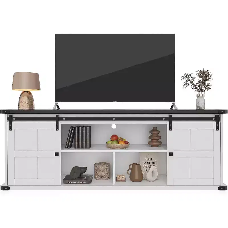 Farmhouse TV Stand with Sliding Barn Doors and Storage Cabinets, Entertainment Center for TVs up to 75