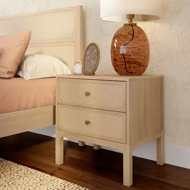 Elio Rattan 2 Drawer Nightstand with Brass Knob