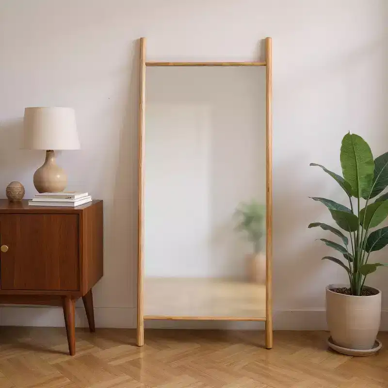 HomeRoots 71 Natural Solid Wood Ladder Leaning Framed Full Length Mirror