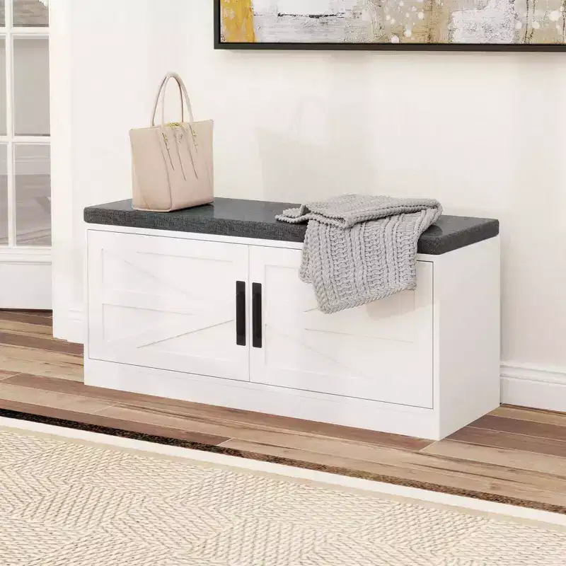 Farmhouse Shoe Bench with Cushion, 2 Barn Doors and 2 Adjustable Shelves