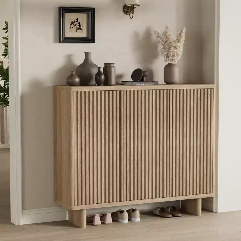 Acekool 46 Shoe Cabinet with Fluted Door, 5-Tier Storage Cabinet, Rustic Entryway Bench for Hallway, 41.5H
